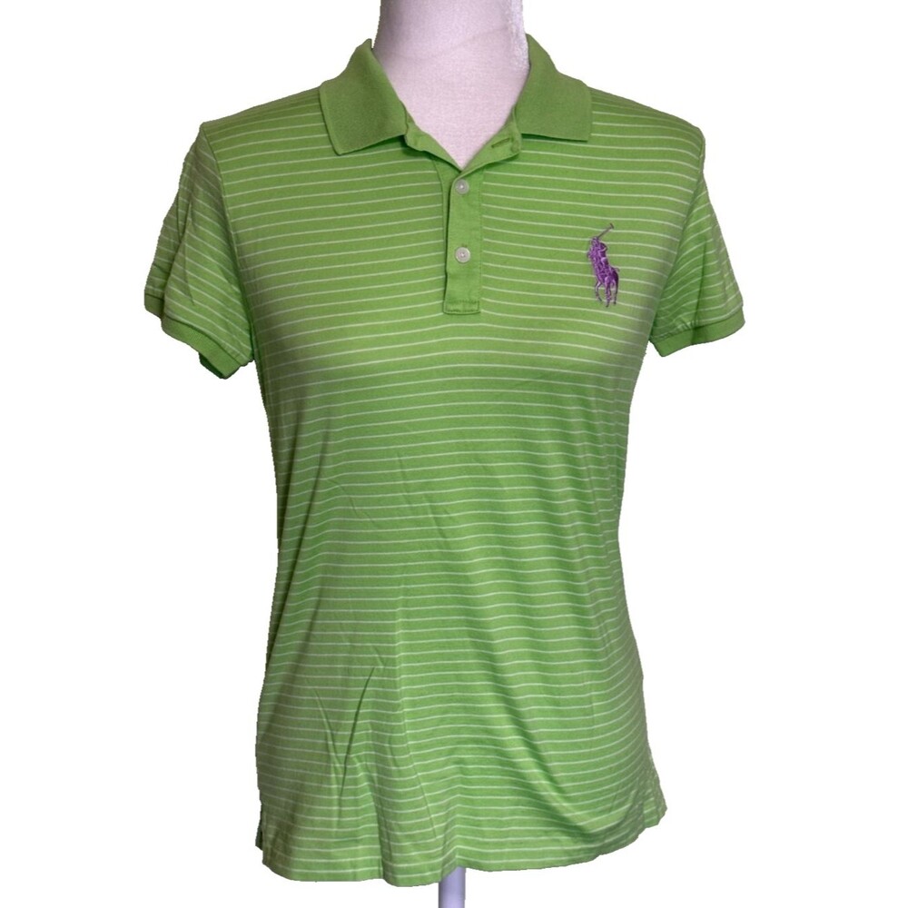 Ralph Lauren Women Golf Tennis Style Green Striped Polo Shirt Short Sleeve Top M